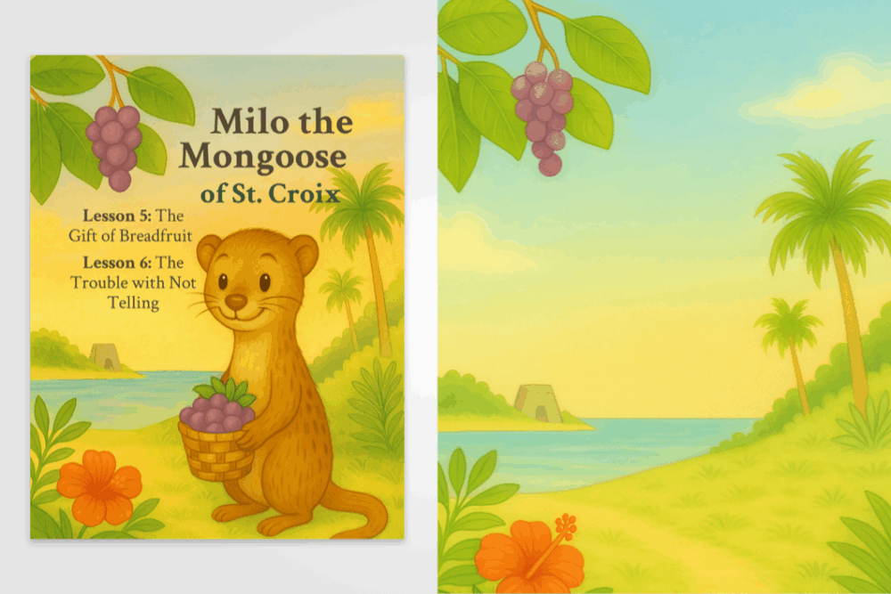 Illustrated cover and background scene from the children’s book Milo the Mongoose of St. Croix, featuring tropical plants, a smiling mongoose holding a basket of fruit, and a Caribbean landscape with palm trees, a sugar mill ruin, and seagrape leaves.