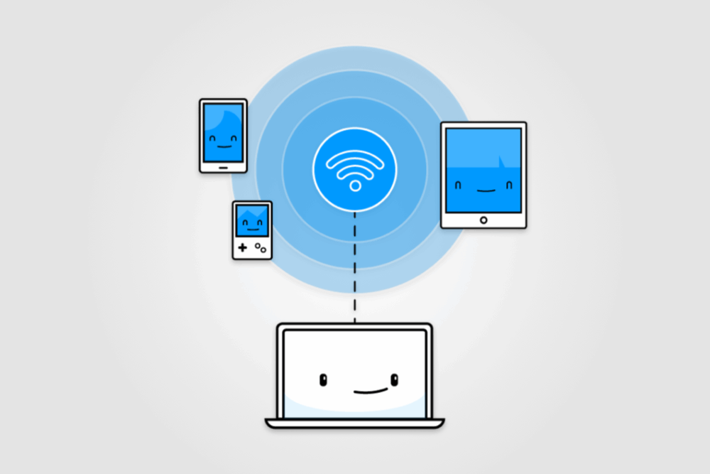 Illustration of a smiling laptop sharing Wi-Fi with a smartphone, tablet, and handheld device using a blue signal icon.